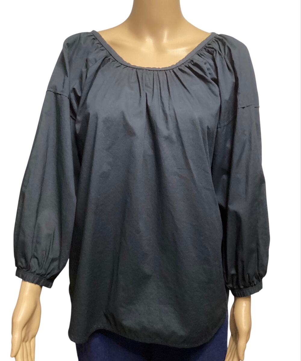Everlane Black Cotton Gathered Neck Blouse‎ Tie Back Boho Peasant Top size 4